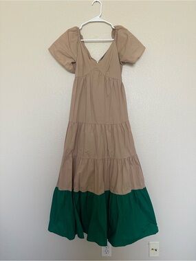 Two-Tone Tan and Forest Green Tiered Maxi Dress